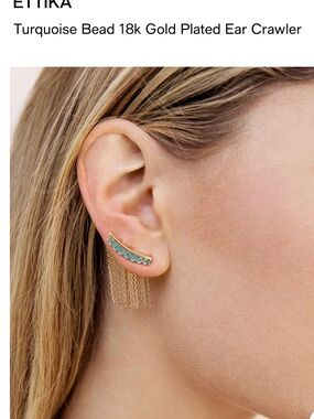 ettika Gold Plated Ear Crawler with Turquoise Beads and Gold Chain Fringe
